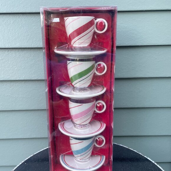 Starbucks Holiday Candy Cane Striped Christmas Espresso Cup Saucer Set Brand New - Picture 1 of 5